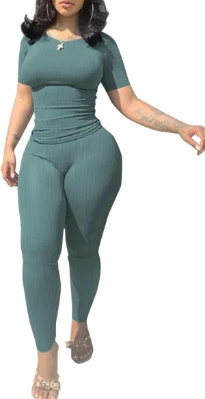PINSV Women 2 Piece Outfits Legging Sets Fitted Crew Neck T-shirt High Waist Legging Pants Matching Sets Workout Streetwear