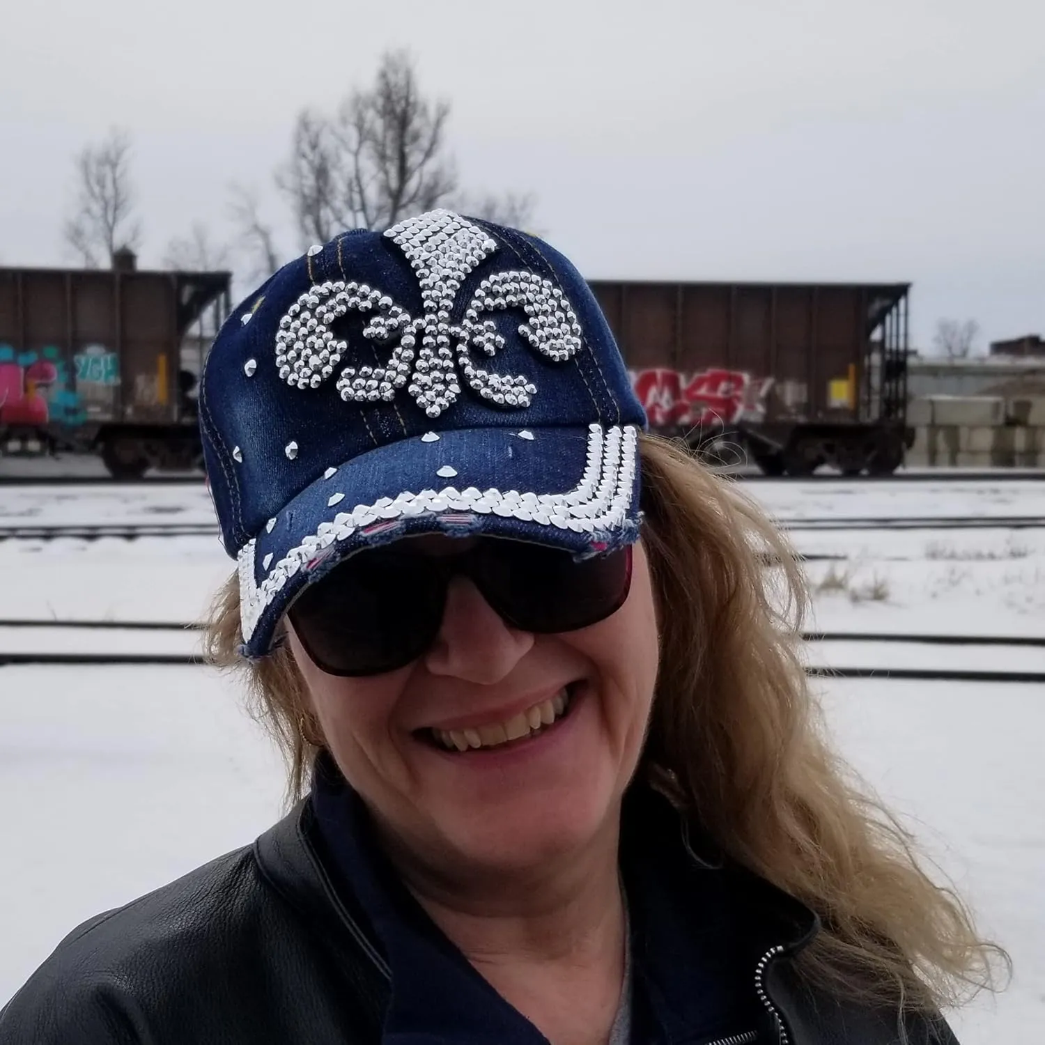 Popfizzy Bling Hat for Women, Fun Rhinestone Baseball Cap, Bedazzled Distressed Denim Hat, Handmade Gifts for Women and Girls