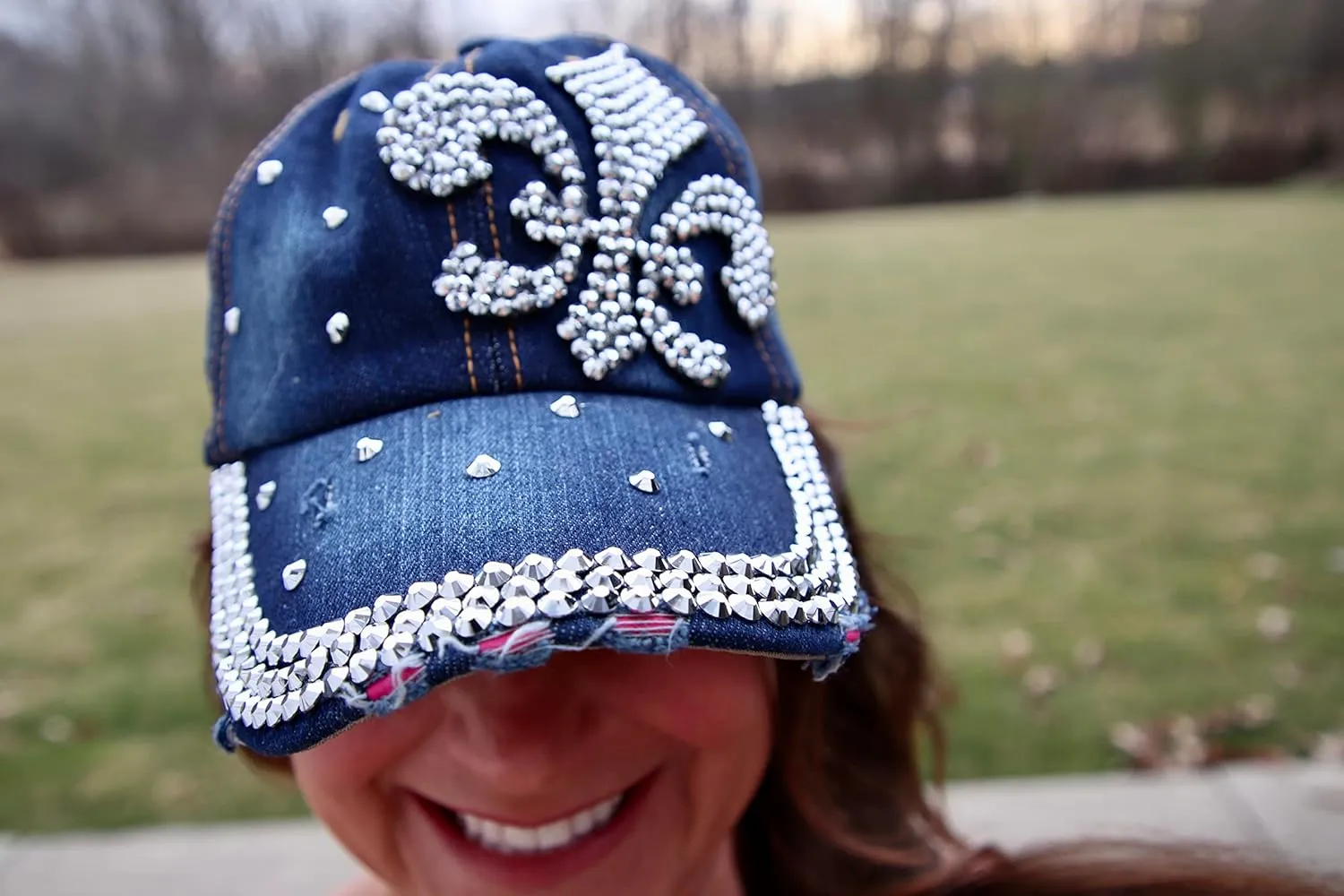Popfizzy Bling Hat for Women, Fun Rhinestone Baseball Cap, Bedazzled Distressed Denim Hat, Handmade Gifts for Women and Girls