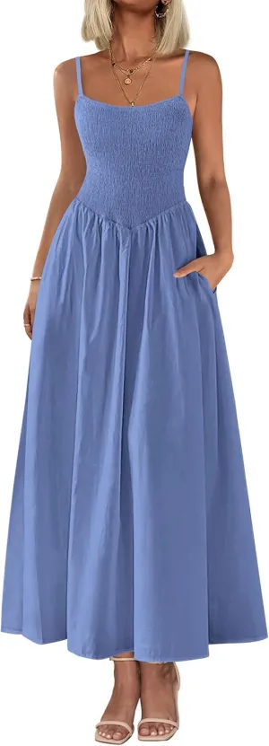 PRETTYGARDEN Women's Smocked Maxi Dresses 2025 Summer Beach Sundress Casual Spaghetti Strap Swing A Line Long Flowy Dress