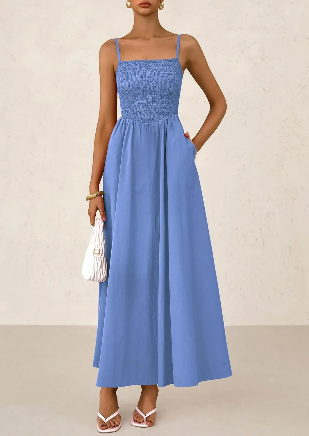PRETTYGARDEN Women's Smocked Maxi Dresses 2025 Summer Beach Sundress Casual Spaghetti Strap Swing A Line Long Flowy Dress
