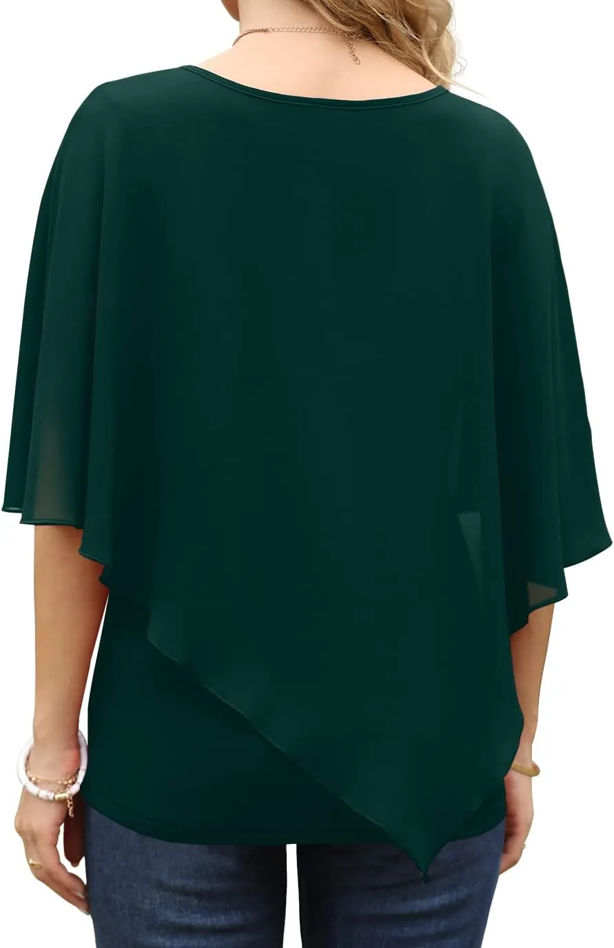 QIXING Women's Summer Casual Loose Chiffon Flowy Tops Elegant Blouses