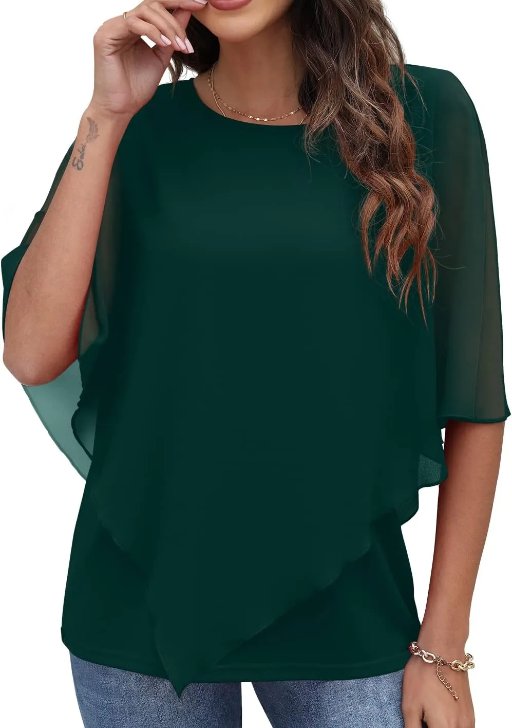 QIXING Women's Summer Casual Loose Chiffon Flowy Tops Elegant Blouses