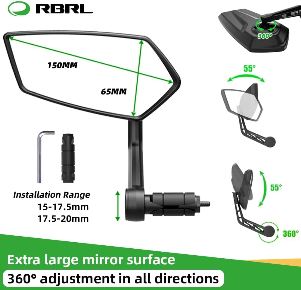 RBRL Bike Mirror Bar End Bike Mirror, Rotatable Bicycle Mirror, Automotive Grade Glass Bike Side Mirrors, Scratch Resistant E-Bike Universal Rearview Mirrors for Mountain bike (Bar end-A Set)