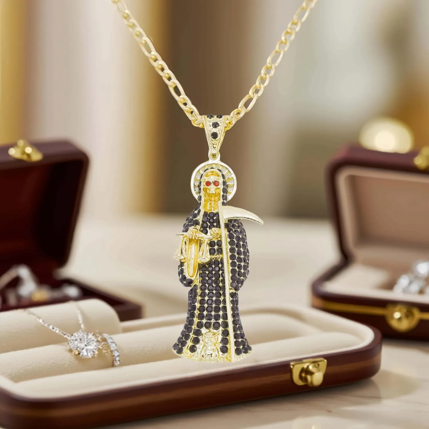 Santa Muerte Pendant Necklace - Saint of Holy Death with Scythe & Scale Charm - Gold Plated Figaro Chain Jewelry for Women & Men (Multicolor Robe Design, 4 Colors)