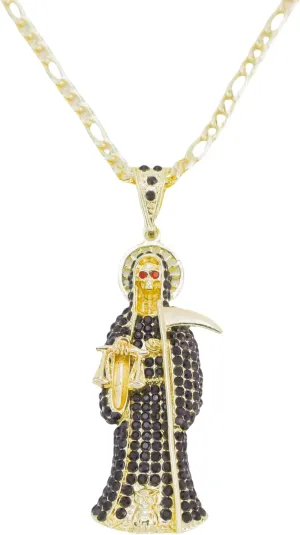 Santa Muerte Pendant Necklace - Saint of Holy Death with Scythe & Scale Charm - Gold Plated Figaro Chain Jewelry for Women & Men (Multicolor Robe Design, 4 Colors)