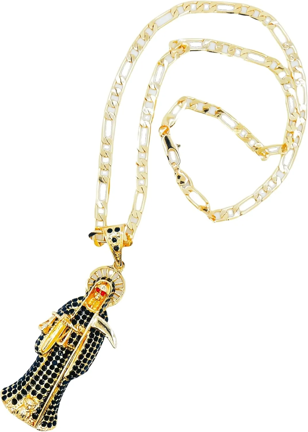 Santa Muerte Pendant Necklace - Saint of Holy Death with Scythe & Scale Charm - Gold Plated Figaro Chain Jewelry for Women & Men (Multicolor Robe Design, 4 Colors)