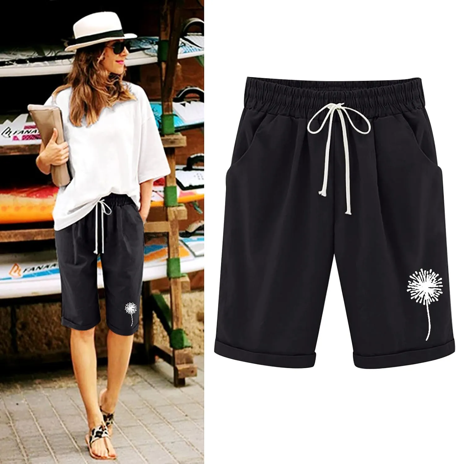 SHAOBGE Shorts for Women Trendy Summer 2024 Beach Drawstring Knee Length Shorts Loose Fit Resort Wear Fashion Clothes
