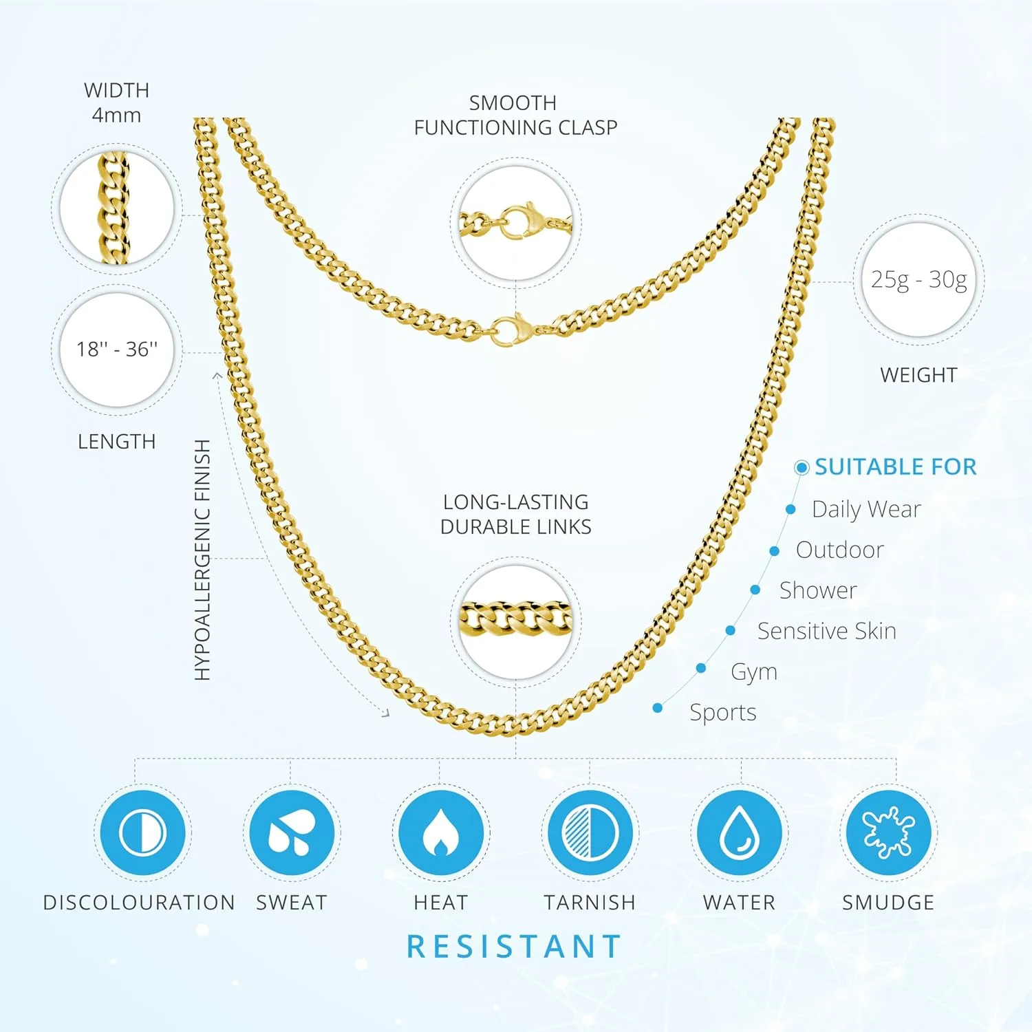 Silvadore 2/4/6mm Mens Necklace Gold/Silver Chain for Men - Stainless Steel Cuban Link Tone - NON-TARNISH & 100% Waterproof - Lifetime Jewelry UK - 18/20/22/24 Inch (2024 release)