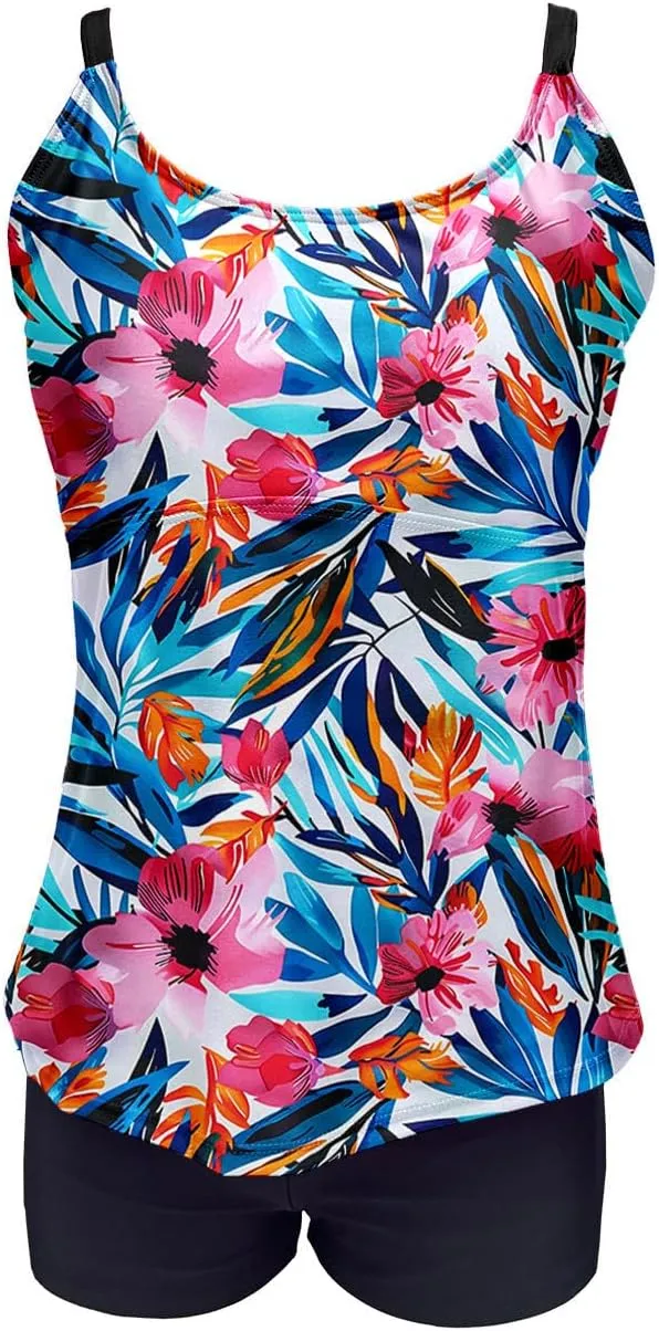 Tankini Swimsuits for Women Tummy Control with Boy Shorts Modest 2 Piece Bathing Suit Trendy Floral Athletic Swimwear