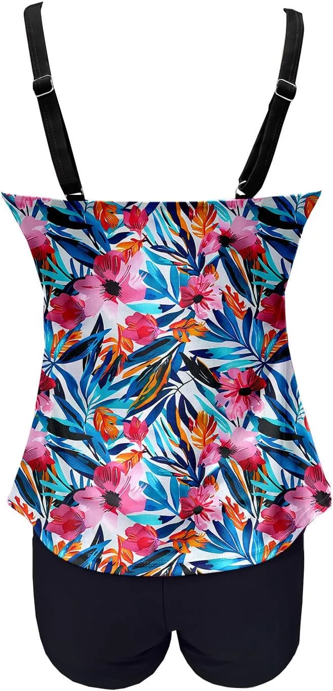 Tankini Swimsuits for Women Tummy Control with Boy Shorts Modest 2 Piece Bathing Suit Trendy Floral Athletic Swimwear