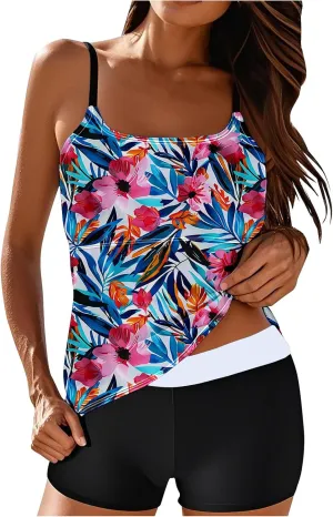 Tankini Swimsuits for Women Tummy Control with Boy Shorts Modest 2 Piece Bathing Suit Trendy Floral Athletic Swimwear