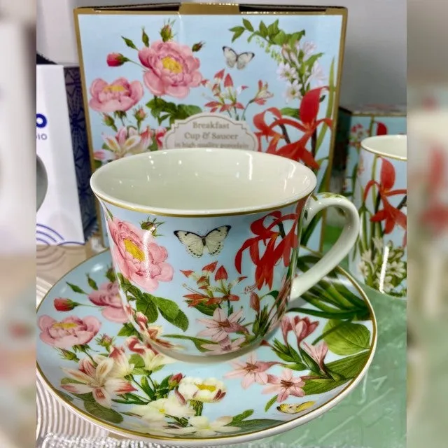 Taza y plato en porcelana, Botanic Garden.