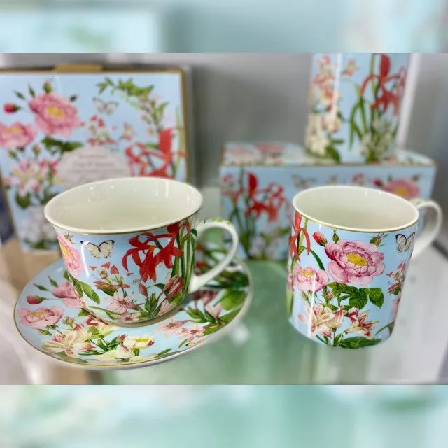 Taza y plato en porcelana, Botanic Garden.