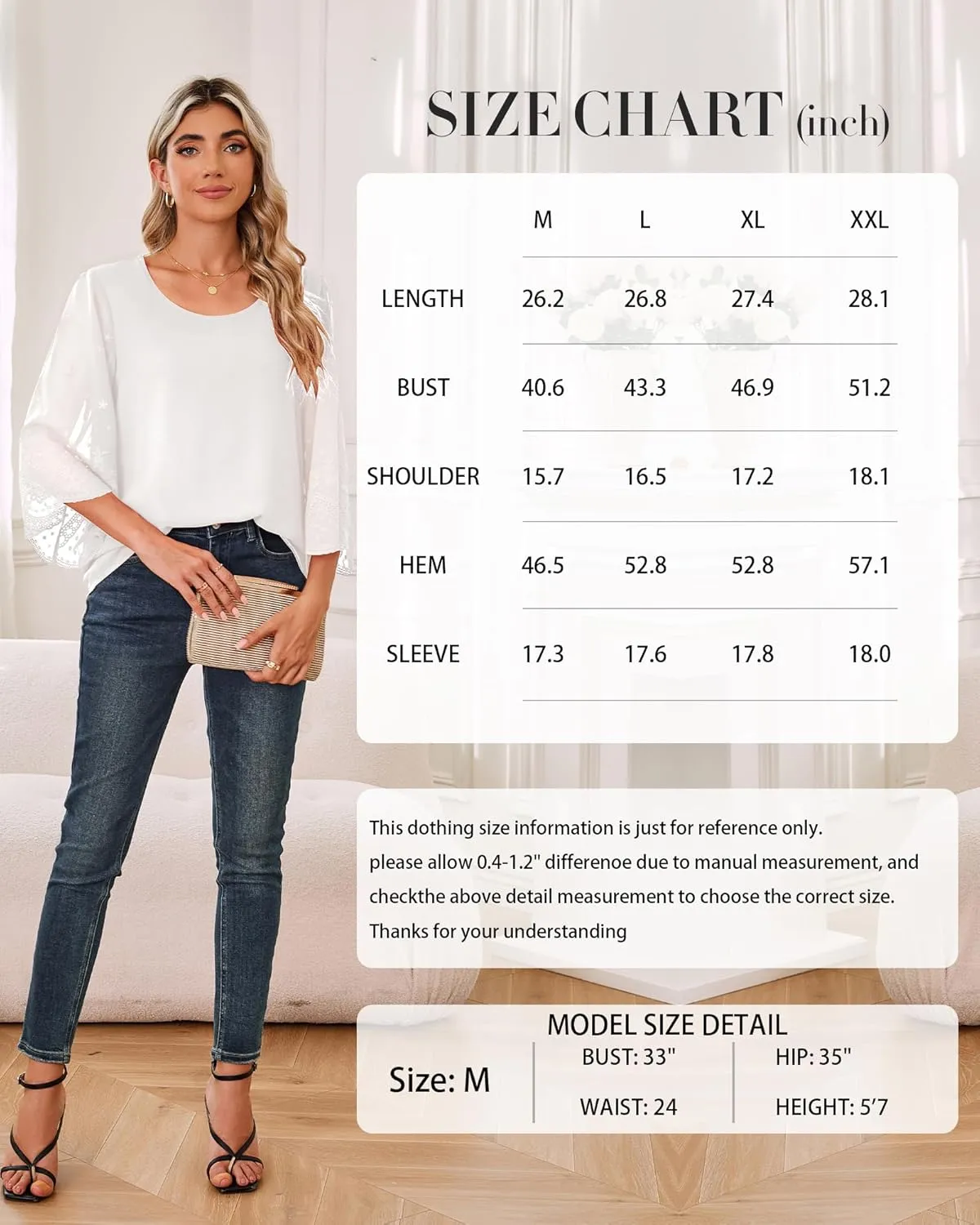 Women's Blouses Bell Sleeve Double Layers Casual Round Neck Embroidered Elegant Chiffon Tunic Top