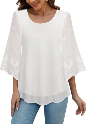 Women's Blouses Bell Sleeve Double Layers Casual Round Neck Embroidered Elegant Chiffon Tunic Top