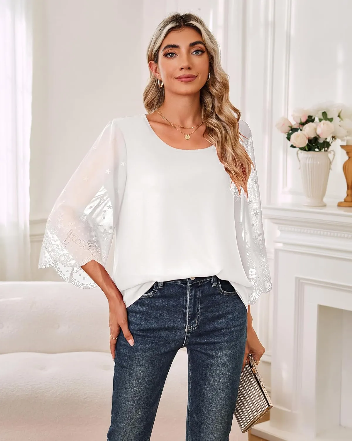 Women's Blouses Bell Sleeve Double Layers Casual Round Neck Embroidered Elegant Chiffon Tunic Top