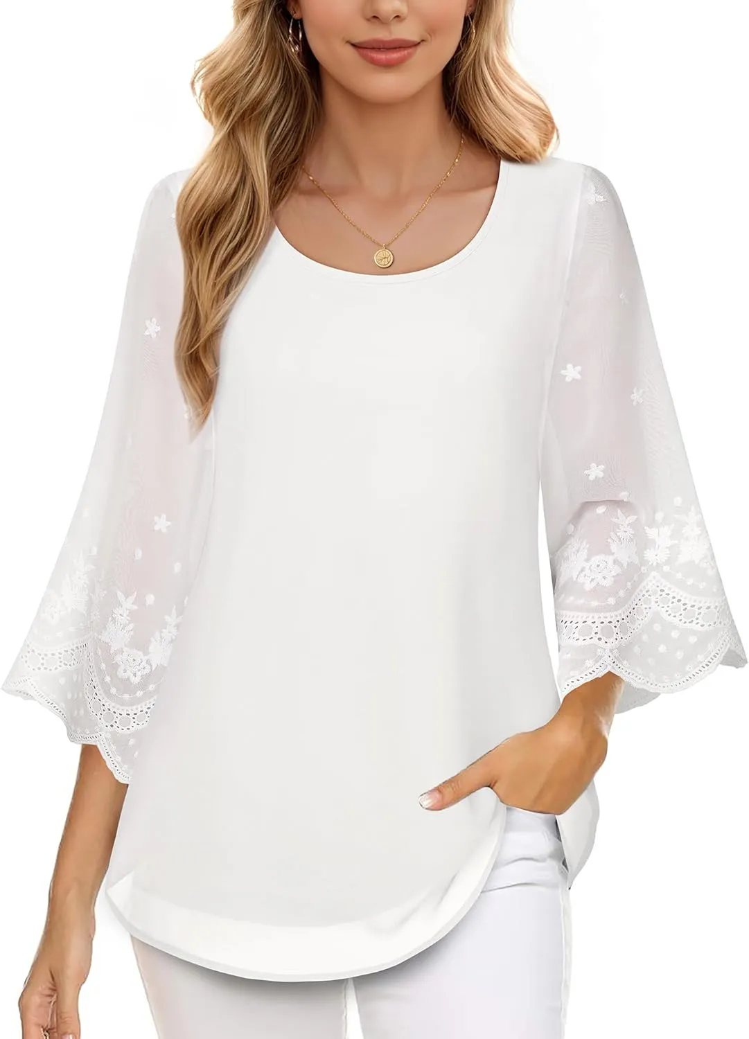 Women's Blouses Bell Sleeve Double Layers Casual Round Neck Embroidered Elegant Chiffon Tunic Top