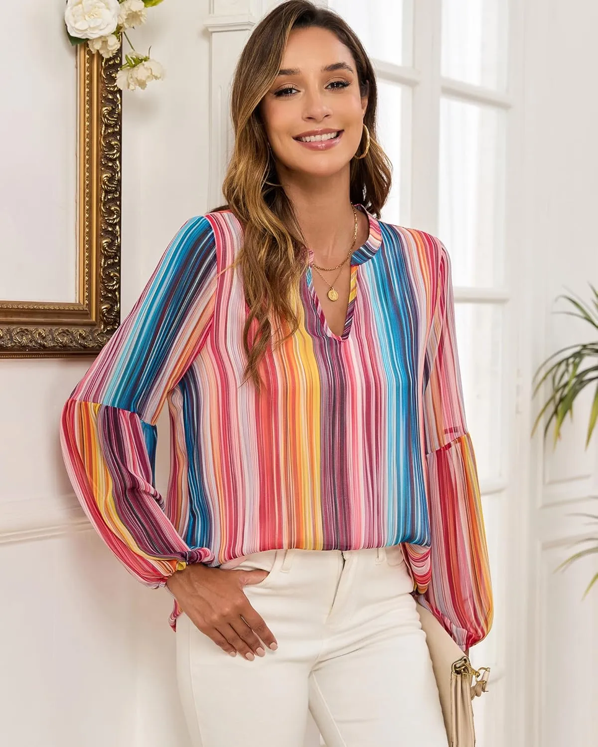 Womens Casual Boho Blouse Fashion Floral Shirts V Neck Long Sleeve Lightweight Chiffon Loose Tops