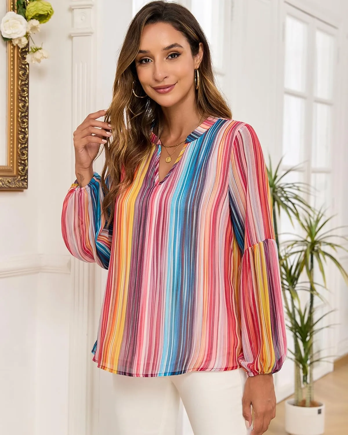 Womens Casual Boho Blouse Fashion Floral Shirts V Neck Long Sleeve Lightweight Chiffon Loose Tops