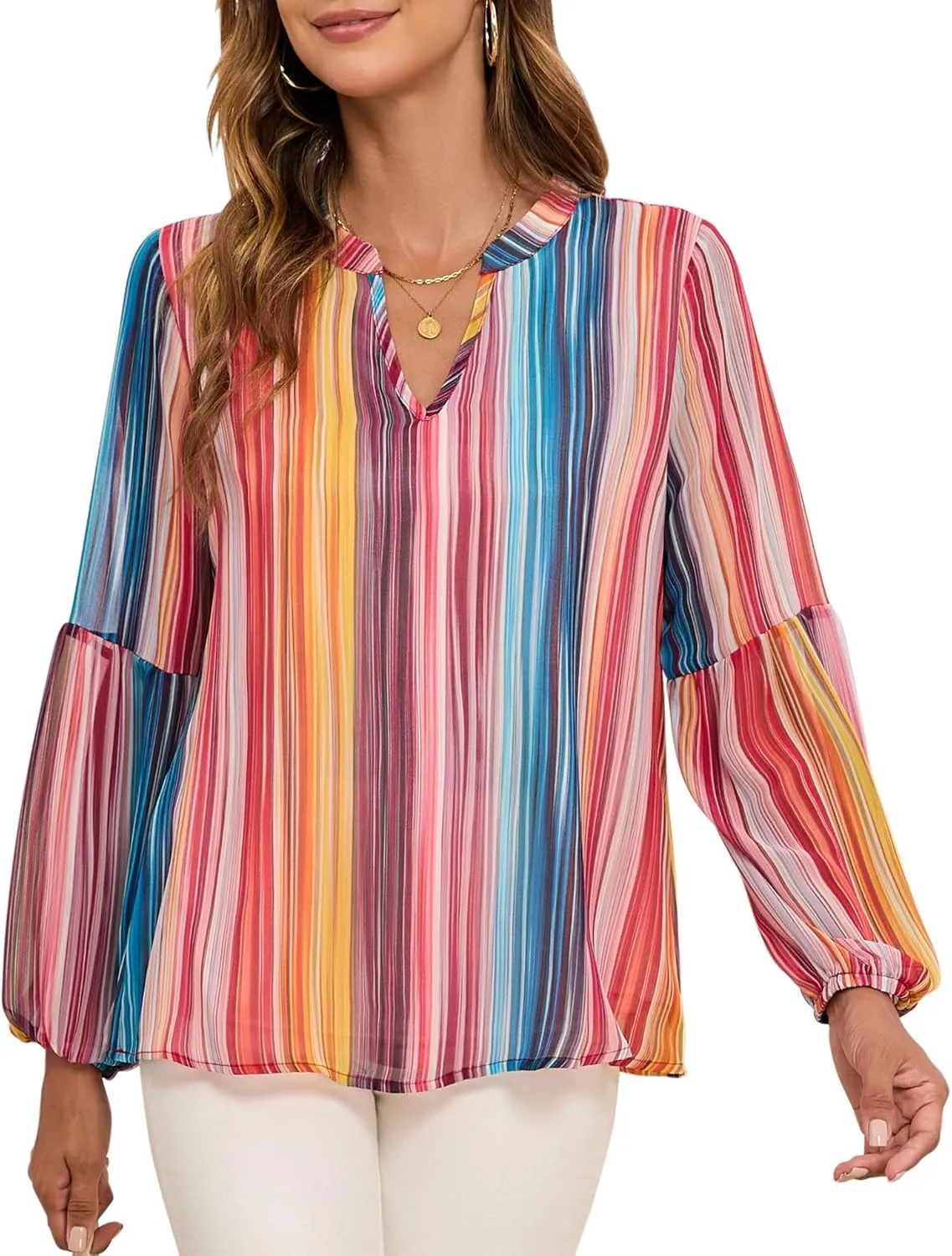 Womens Casual Boho Blouse Fashion Floral Shirts V Neck Long Sleeve Lightweight Chiffon Loose Tops