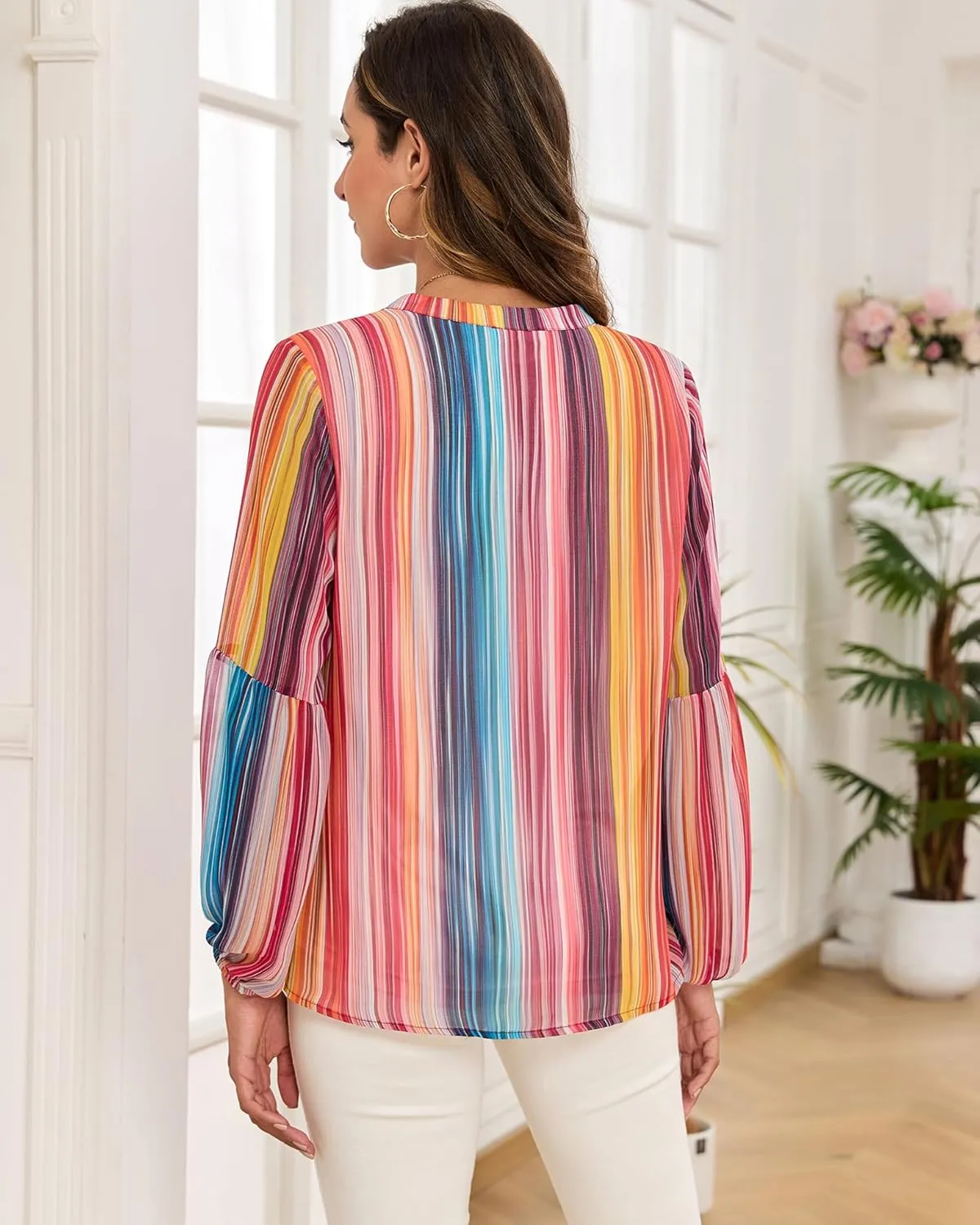 Womens Casual Boho Blouse Fashion Floral Shirts V Neck Long Sleeve Lightweight Chiffon Loose Tops
