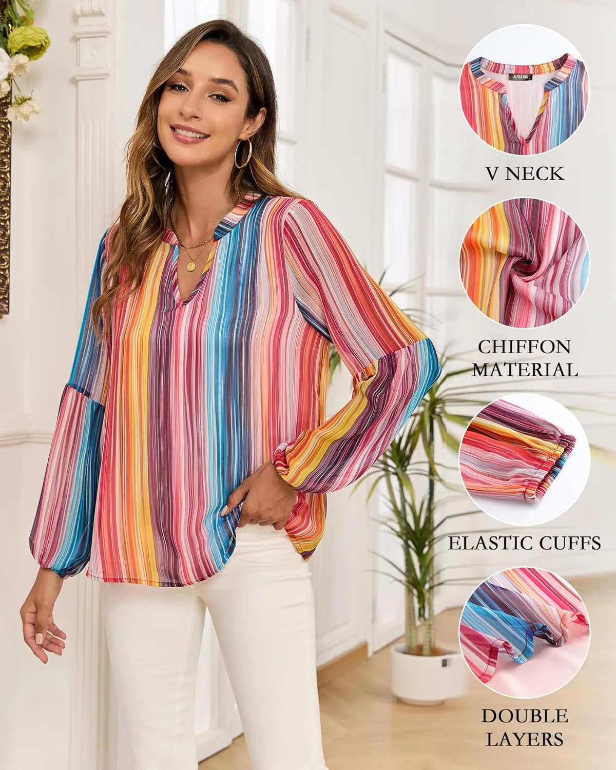 Womens Casual Boho Blouse Fashion Floral Shirts V Neck Long Sleeve Lightweight Chiffon Loose Tops