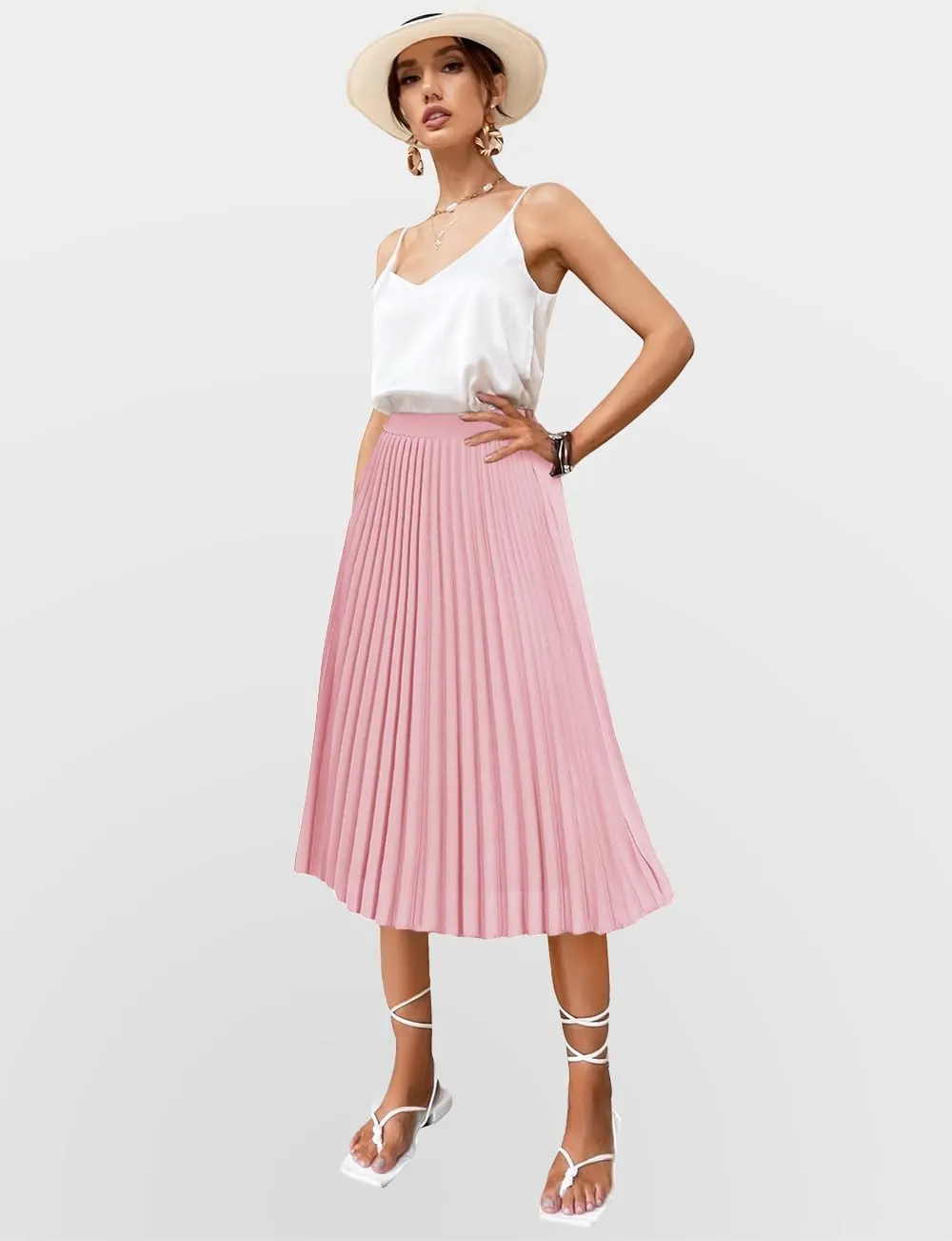 Women's Midi Skirt Elastic High Waist Pleated Skirt Knee Length Swing A-Line Casual Flowy Skirts 2025