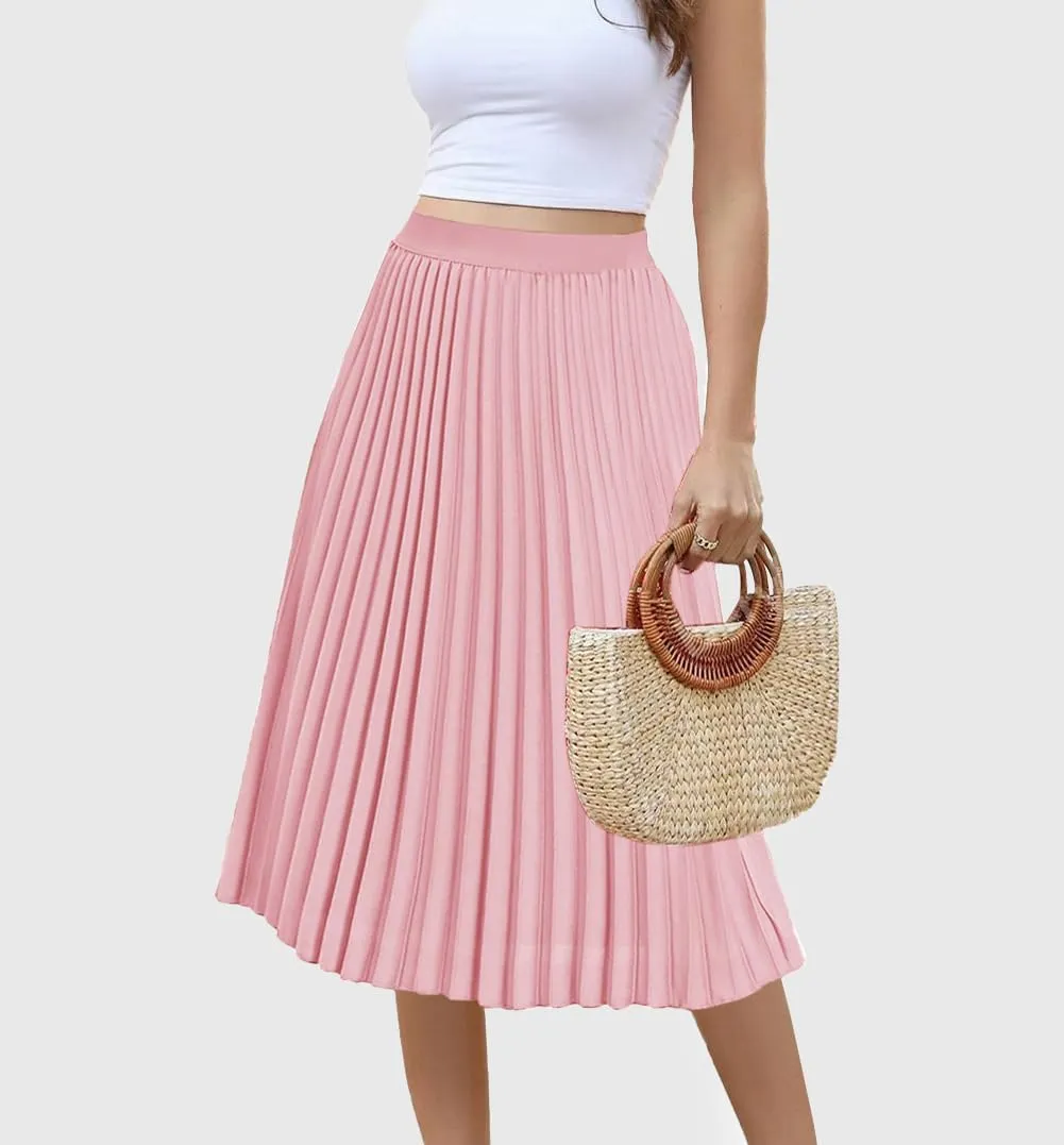 Women's Midi Skirt Elastic High Waist Pleated Skirt Knee Length Swing A-Line Casual Flowy Skirts 2025