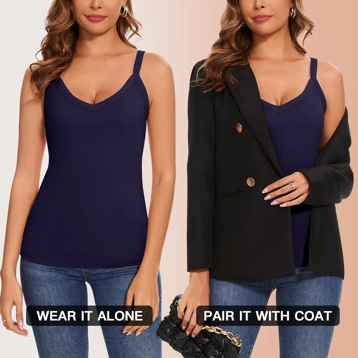 WOWENY Thermal Fleece Tank Top for Women V Neck Sleeveless Shirts Camisole Warm Base Layer Cami Vest Underwear Tops