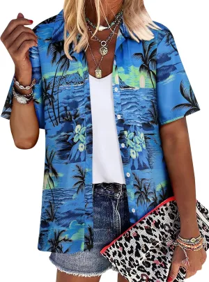 ZXZY Women Cute Hawaiian Shirt Lapel V Neck Short Sleeve Top Loose Button Down Blouse
